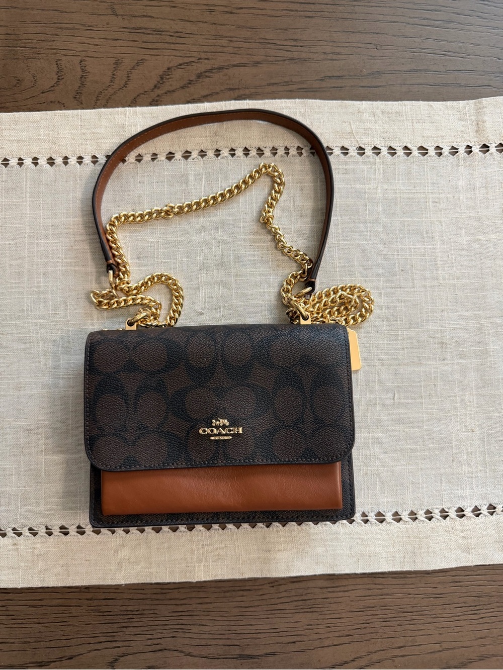 Coach Outlet Mini Klare Brown Signature Crossbody with Tan Accent and Gold Chain
